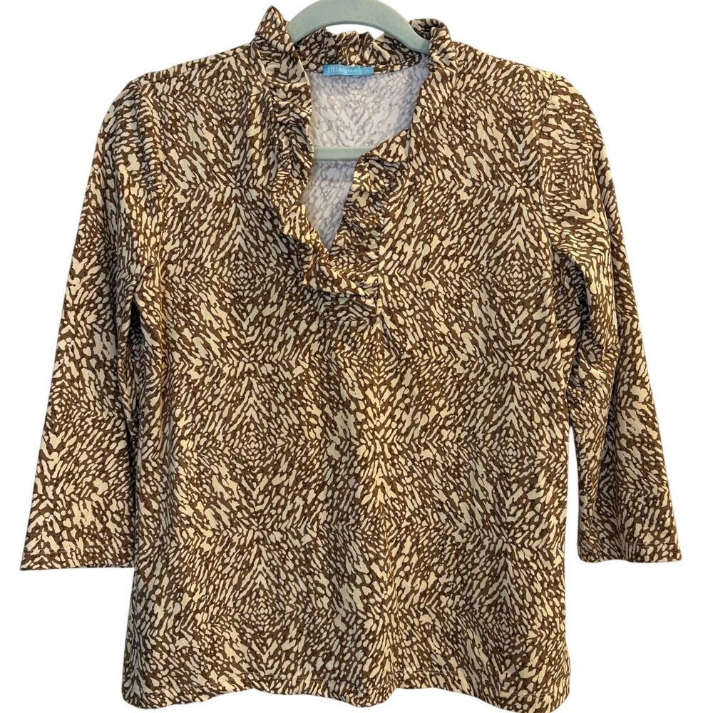 J. McLaughlin Ruffle V-Neck Catalina Cloth Top Animal Print 3/4 Sleeve Medium